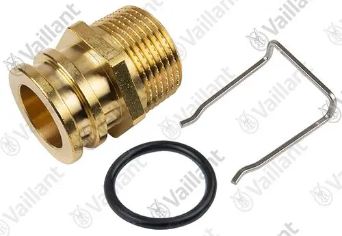 Vaillant Adapter mit einem gewinded Gewinde und einer Dichtung sowie einem Halterungsclip zur Befestigung.